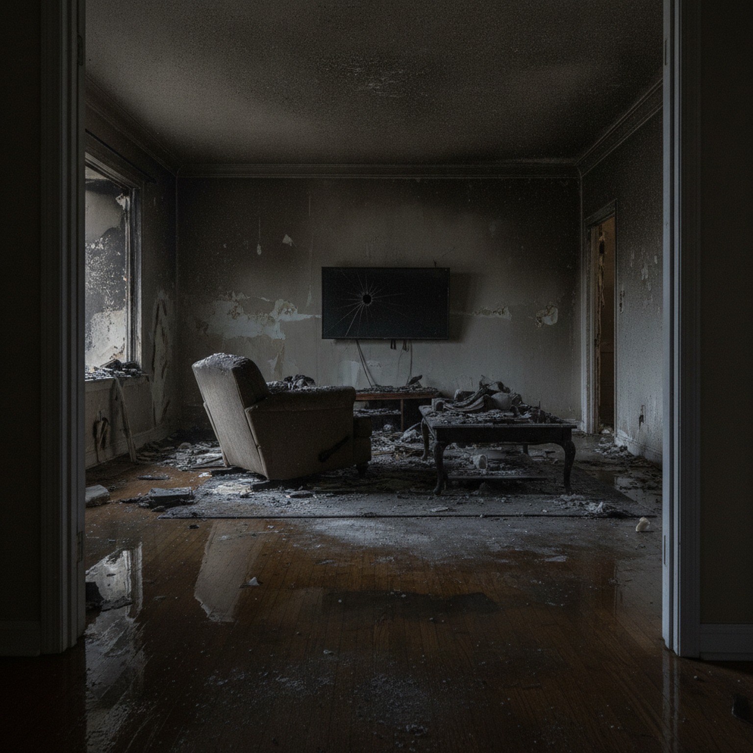 Residential room before restoration, showing water and fire damage