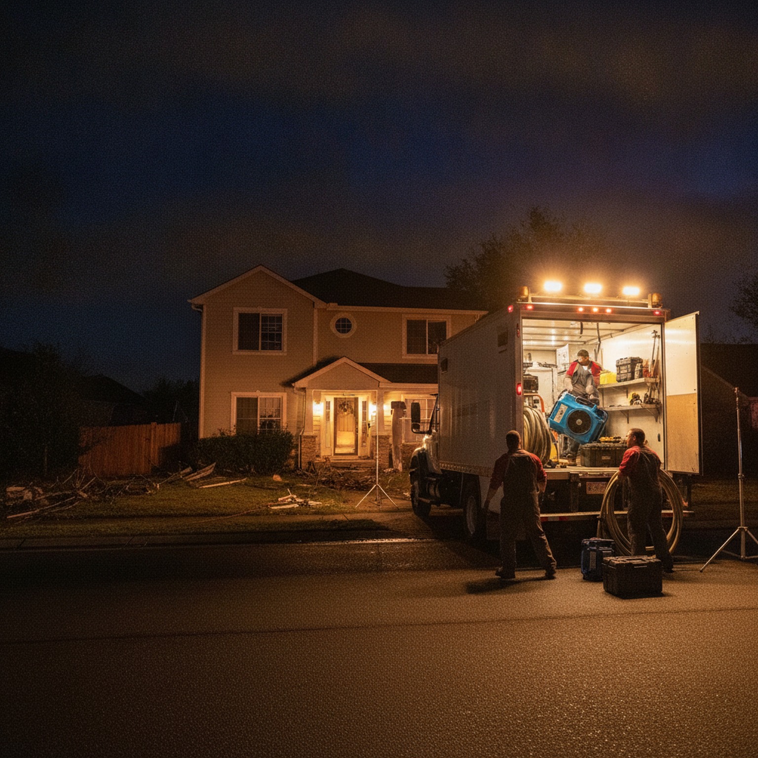 JE Restorations emergency response truck dispatched at night