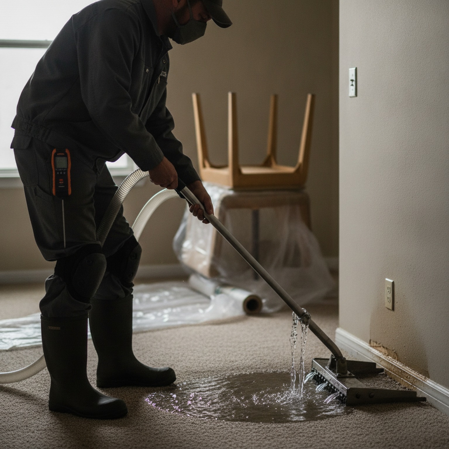 Restoration technician extracting water from a flooded residential room with commercial equipment